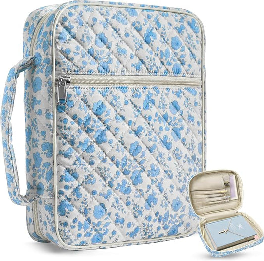 Large Bible Cover Case for Women, Large Floral Quilted Cotton Bible Carrying Cases Protective Bag with Handle and Zippered Pocket for Christian, Bible Study Supplies Christian Gifts (Blue Floral)