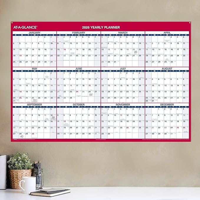 AT-A-GLANCE 2026 Erasable Calendar, Dry Erase Wall Planner, 48" x 32", Extra Large, Vertical-Horizontal, Reversible (PM3262826)