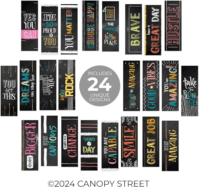 Chalkboard Style Motivational Bookmarks / 24 Inspirational Phrase Quote Flat Card Set / 2" x 6" Cardstock Paper Classroom Reward Bookmark Pack/Made in The USA