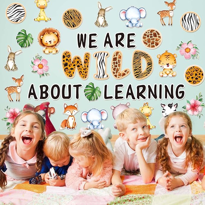 JarThenaAMCS We are Wild About Learning Bulletin Board Set Wild Safari Animals Paper Cutouts with 100Pcs Glue Points Woodland Theme Cut-Outs Decor for Back to School Kindergarten Jungle Party, 56Pcs