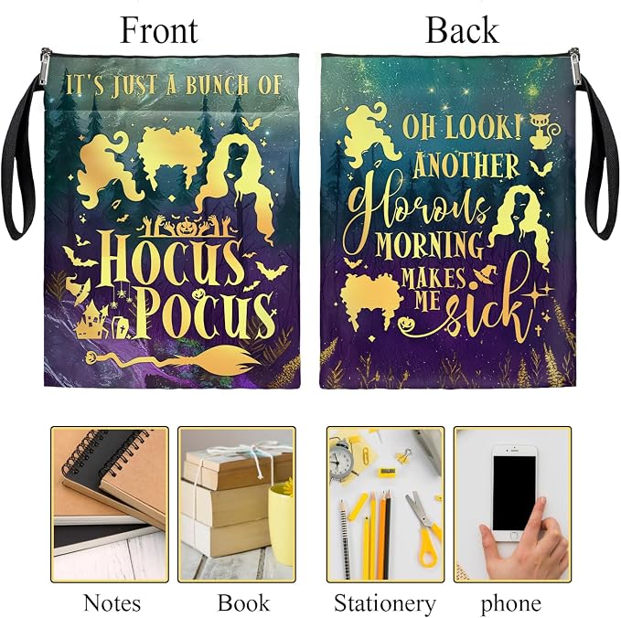 Hocus Pocus Book Cover, Waterproof Book Sleeve with Zippered Front Pocket Retro Flowers Book Pouch for Book Lovers, Christmas, Birthday, Graduation Gifts (Purple&Green, Large)