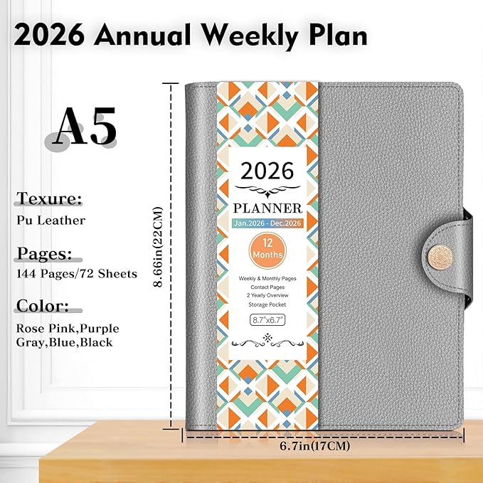 2026 Weekly & Monthly & Daily Planner from Jan 2026 - Dec 2026, Pu Leather Cover Planner, Academic Agenda Planning Organizer with 100GSM Thick Paper, A5 Size, Grey