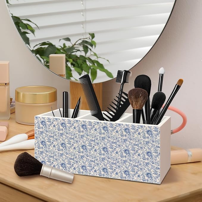 Chinoiserie Floarl Pen Holder Desk Accessories, Chinoiserie Blue and White Floral Makeup Brush Toothbrush Holder Organizer for Home Office Desk Bathroom