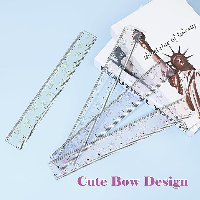 BAYTORY 4Pcs Transparent Acrylic Ruler 12 Inch, Clear Plastic Straight Rulers, Shatterproof Student Stationery Centimeters with Inches, for Classroom Essentials School Supplies (Bowknot 12 Inch)
