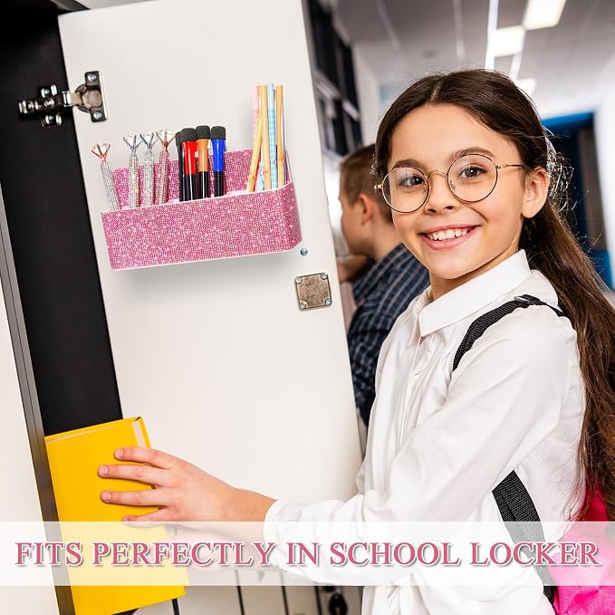 MotiMind Pink Locker Accessories for Girls, Bling Magnetic Pen Holder for Refrigerator, Back to School Rhinestone Marker Holder for Locker, Sparkly Gift for Student (Large,Rhinestone)