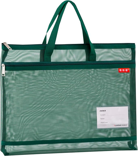 Clear Nylon Mesh Zipper File Bag 11x13.7in Lightweight A4 Document Organizer with 2 Large Pockets Transparent Card Slot Non Waterproof Portable Storage Pouch for Office School Supplies(Green)
