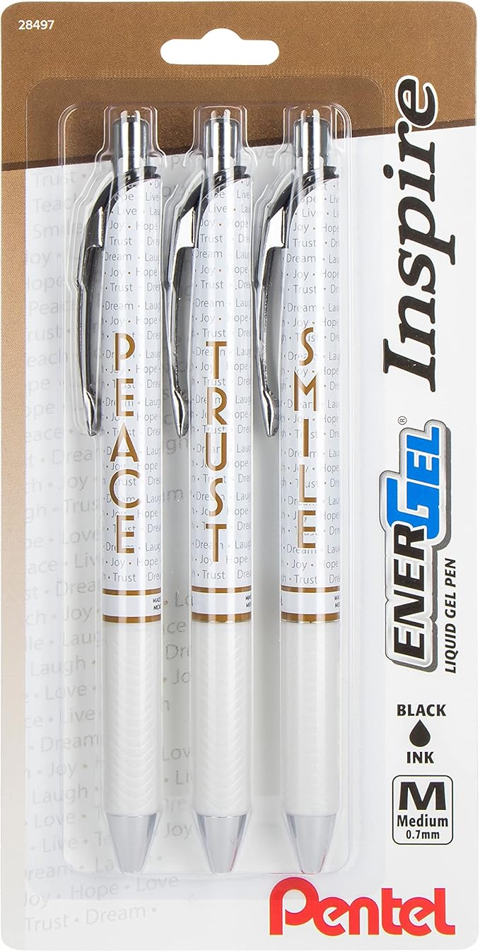 Pentel EnerGel Inspire Peace/Trust/Smile, (0.7mm) Medium Line, Black Ink, Pack of 3 (BL77INSPBP3M)