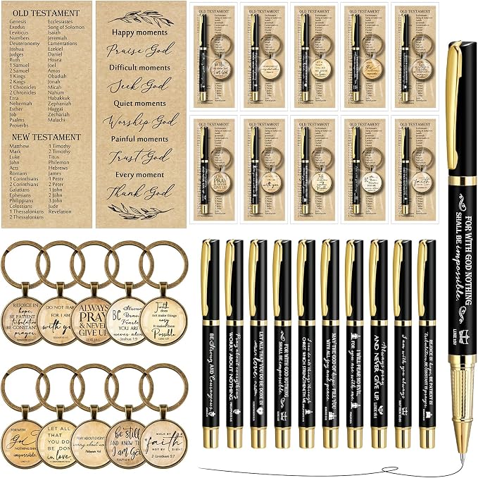 Gueevin 10 Sets Fathers Day Christian Gifts Bulk Bible Verse Pens Christian Religious Bookmarks and Bible Keychains Church Appreciation Gift for Graduation End of Year Teacher School (Black)