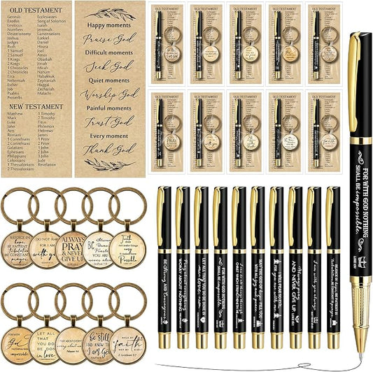 Gueevin 10 Sets Fathers Day Christian Gifts Bulk Bible Verse Pens Christian Religious Bookmarks and Bible Keychains Church Appreciation Gift for Graduation End of Year Teacher School (Black)