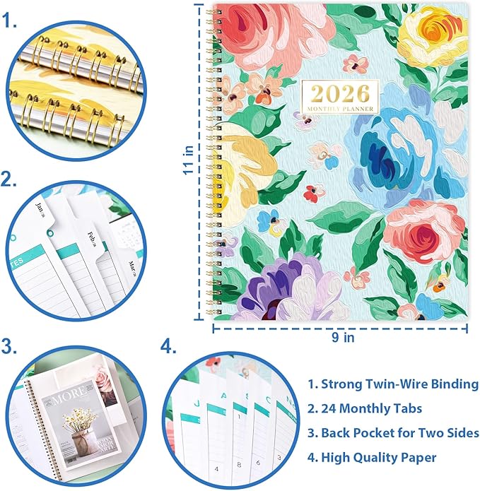 2026 Monthly Planner - 2026 Calendar, Jan. 2026 to Dec. 2026, 9'' x 11'', 12 Months Planner 2026, Monthly Tabs, Notes Pages, Back Pocket