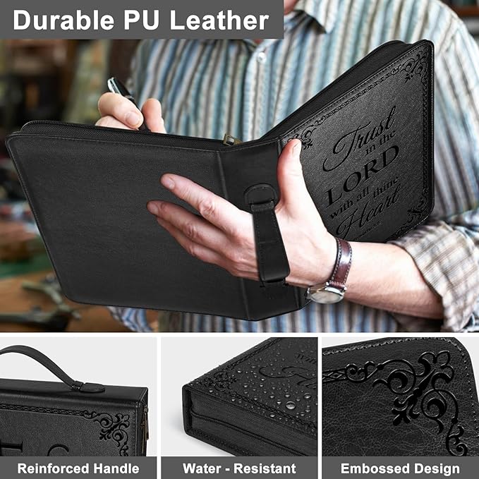 Extra Large Bible Cover Case for Men Women, Mens Bible Covers Cases Leather Bible Cover Carrying Case for Women Men with Handle Zippered Bible Book Cover Holder Bag Case(Black, XL)