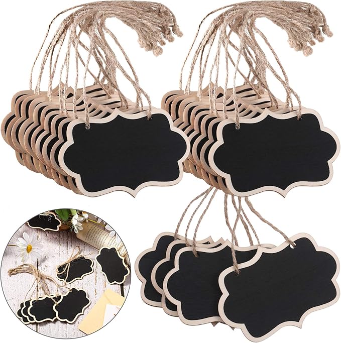 24 Pieces Mini Chalkboard Tags with String Wooden Hanging Chalkboard Signs 3.35 x 2.36 Inch Erasable Chalk Board Labels Small Blackboard Tags Massage Tag Boards for Gifts Crafts Price Food