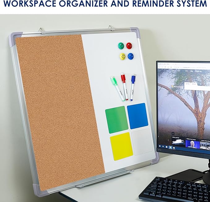 Cork Board White Board Combo 24 x 24 in – Wall Hanging Dry Erase and Bulletin Board with Markers, Magnets, Thumb Tacks & Reusable Magnetic Notes – Reminder Board Organizer for Home and Office