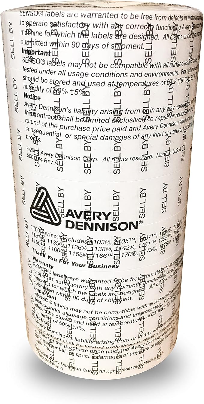Black Print on White"Sell by" Pricing Labels to fit Monarch 1131 Pricers. 8 Rolls with 1 Free Ink Roller.