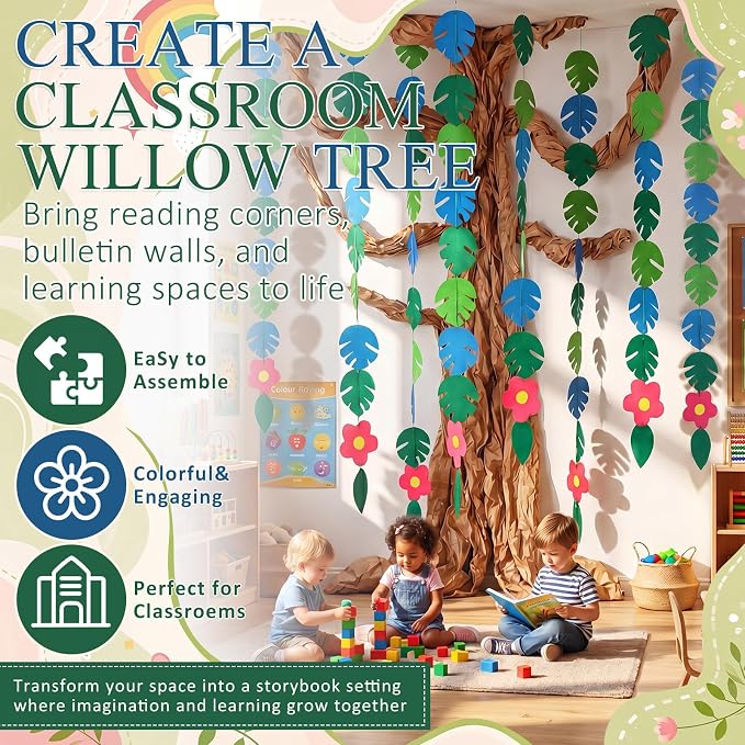 Suncalla Classroom Tree Bulletin Board Set DIY 3D Classroom Ceiling Wall Decor with Kraft Paper & Mounted Traceless Hooks for Jungle Safari Hawaiian Luau Party Supplies(Palm Leaves)