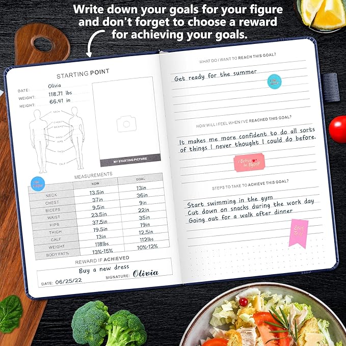 JUBTIC Weekly Meal Planner Notebook, Food Journal Daily Meal Prep Journal with Shopping and Grocery Lists for Food Planning Menu Planning Healthy Diet or Weight Loss Tracking, Last 1 Year,Undated, A5, Navy Blue