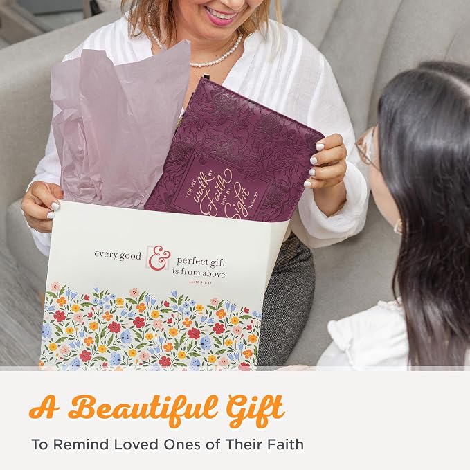 Christian Art Gifts Protective Maroon Floral Faux Leather Bible Cover Carry Case with Handle for Women: Walk by Faith - 2 Corinthians 5:7 Inspirational Bible Verse Zippered with Pocket, Medium