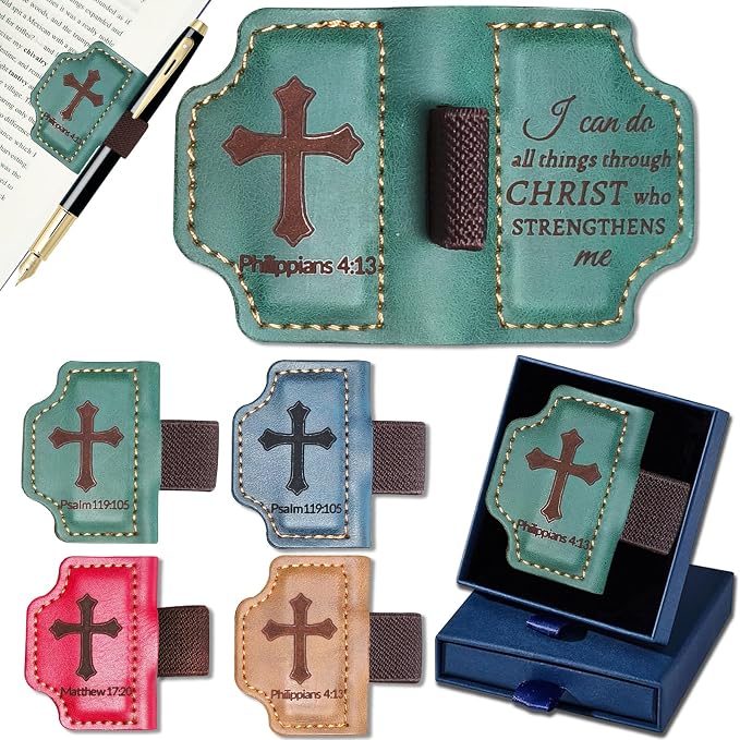 Bygone Mark Personalized Magnetic Leather Bookmark with Pen Holder,Inspirational Bible Verse Religious Bookmarks,Christian Book Lovers Reading Accessory for Men Women (Green, Philippians 4:13)