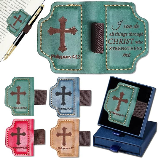 Bygone Mark Personalized Magnetic Leather Bookmark with Pen Holder,Inspirational Bible Verse Religious Bookmarks,Christian Book Lovers Reading Accessory for Men Women (Green, Philippians 4:13)