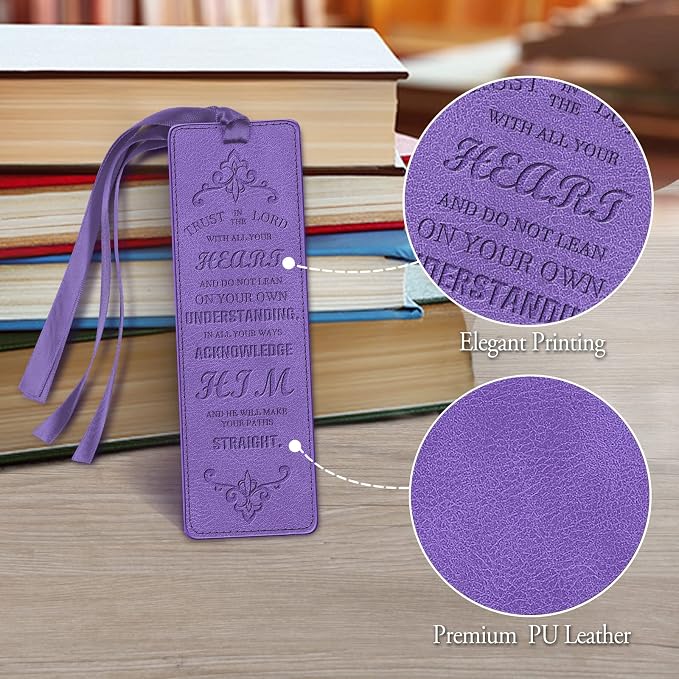 FINPAC Leather Bible Bookmarks, Vegan Religious Bookmarks, Bible Verse Book Markers Church Gifts for Women Men [Trust in The Lord with All Your Heart] - Violet