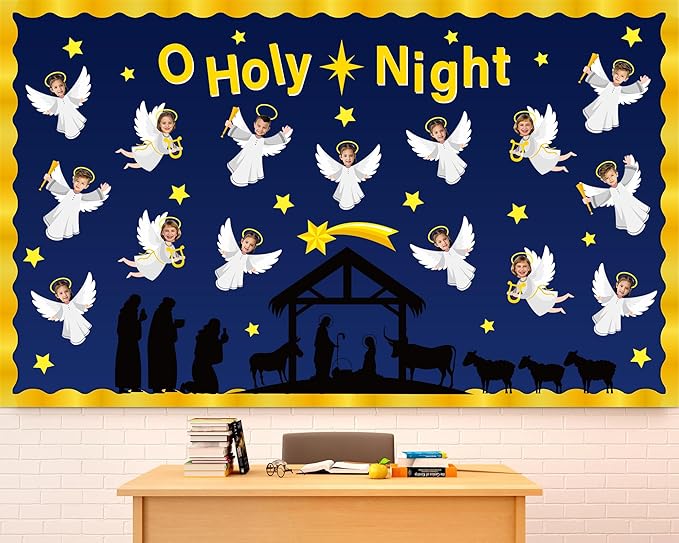 Christmas Nativity Religious Bulletin Board Set - Angel DIY Photo Craft Bulletin Board Classroom Decoration Nativity Scene Cutouts for School Church Chalkboard Wall Office Decor