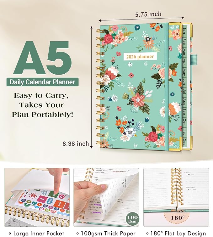 2026 Planner, Hardcover Weekly and Monthly Planner for Women, January 2026 - December 2026, Spiral Yearly Agenda Organizer Book 2026 with Tabs, Daily Calendar Planners for School Work Home, A5 (5.75" x 8.38"), Teal Floral