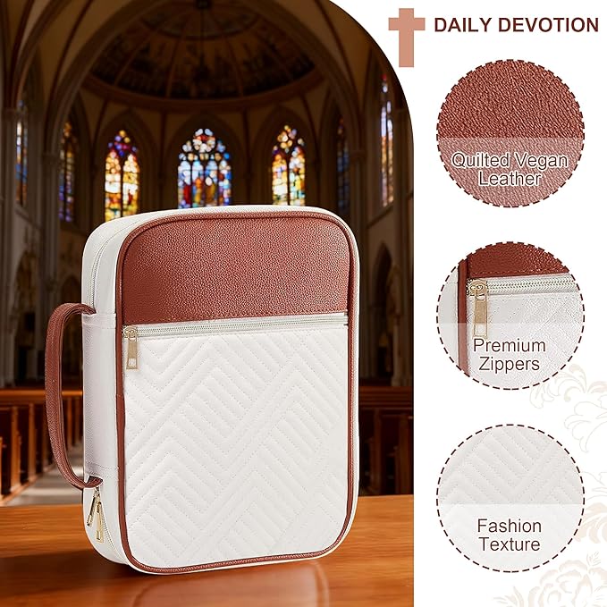 Bible Cover Case for Women, Quilted Large Handle Vegan Leather Bible Bags with Bible Study Supplies Accessories Church,Classroom,Campus,Neighborhood Association (Single White & Brown,M/L)