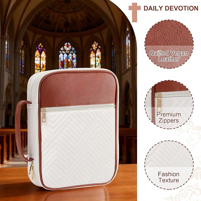 Bible Cover Case for Women, Quilted Large Handle Vegan Leather Bible Bags with Bible Study Supplies Accessories Church,Classroom,Campus,Neighborhood Association (Vintage White & Brown,M/L)