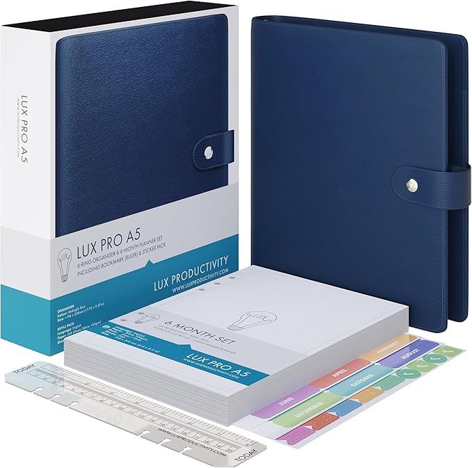 LUX PRO A5 - Daily Planner & appointment diary 2024 - Gratitude journal, wellness journal & Undated weekly planners and organisers - Desk journals for women & men - LUX Productivity (Blue - Midnight)