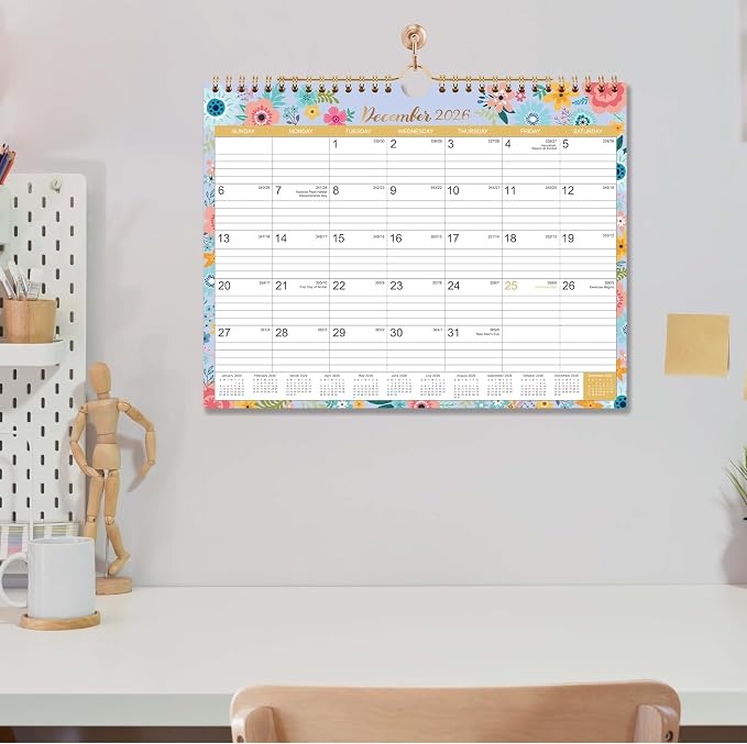 Calendar 2026-2027 - Wall Calendar 2026-2027 with 18 Months, Jul. 2026 - Dec. 2027, Wall Calendar with Twin-Wire Binding + 11" x 8.5" + Hanging Hook + Ruled Blocks with Julian Dates - Black Floral