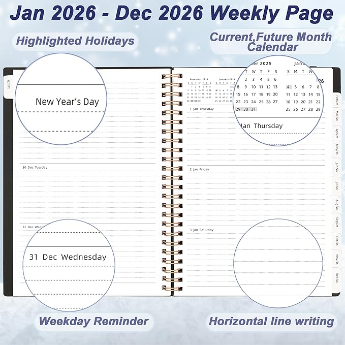 Daily Planner 2026, 2026 Planner Weekly and Monthly, Jan 2026-Dec 2026, 6.2" x 8.4", Agenda Day Planner with Tabs & Pocket, 100GSM Thick Paper, Black