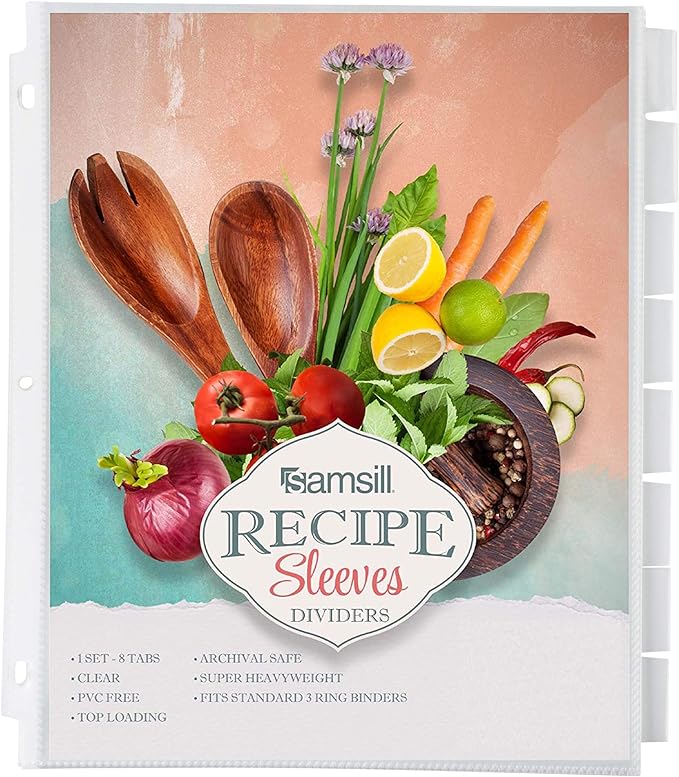 Samsill 8 Tab Recipe Dividers, Recipe Sleeves, Sheet Protector Dividers, with Tab Inserts, Clear, Super Heavyweight, Top Loading, 3 Hole Punched for Standard Letter Size Binders, Archival Safe