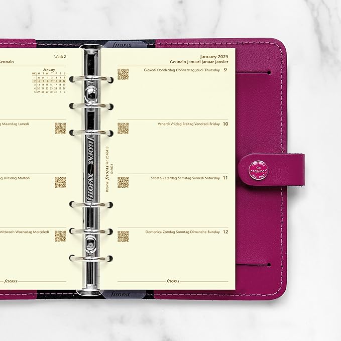 Filofax Calendar Diary Refill, Personal/Compact Size, Week-to-View, Cotton Cream Paper, Unruled, Multilingual: Five Languages, 2025 (C68413-25)