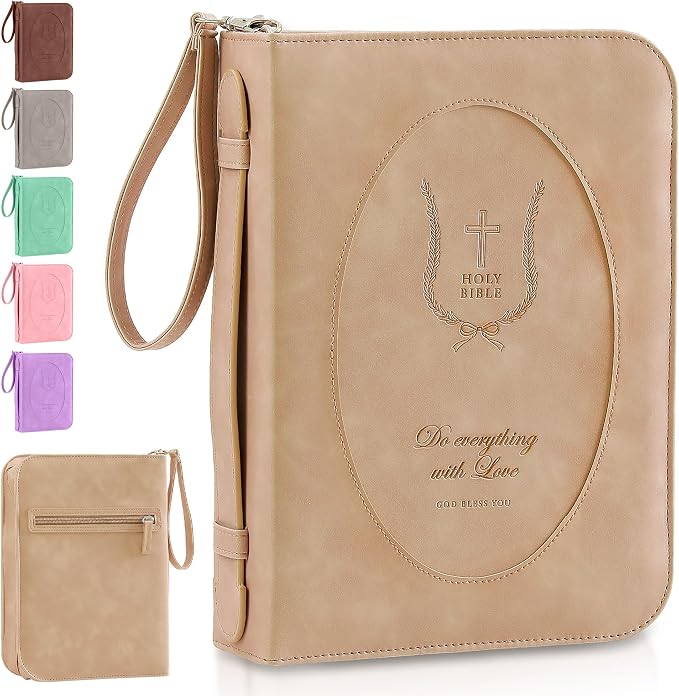 Leather Bible Cover Case for Women – Large Book Case with Handle and Pockets, Floral Book Cover, Bible Protector for Study or Church, Christian Gift for Girls and Women-Light Brown