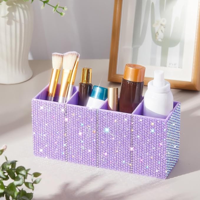 Bling Desk Organizer for Women, Rhinestone Pen Makeup Brush Holder, Girly Desk Accessories Organizer for Office Classroom Elevate Your Workspace with Serenity(Rhinestone,Purple)