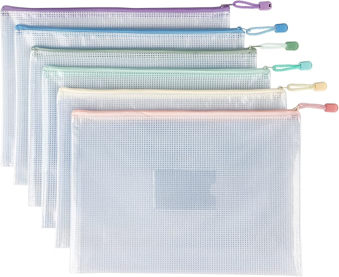 Tamaki 6 Pack Mesh Zipper Pouch with Label Pocket, Waterproof Zipper Bags, Document Bag Letter/A4, Durable Pouches for Organization Bag Board Game Storage