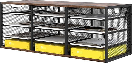TQVAI 12 Compartments Desktop Literature Organizer, Metal Frame Paper Sorter with Handles, Heavy Duty Mailbox for Classroom and Office, Wood File Organizer for Document, Bill, Magazine, Antique Brown