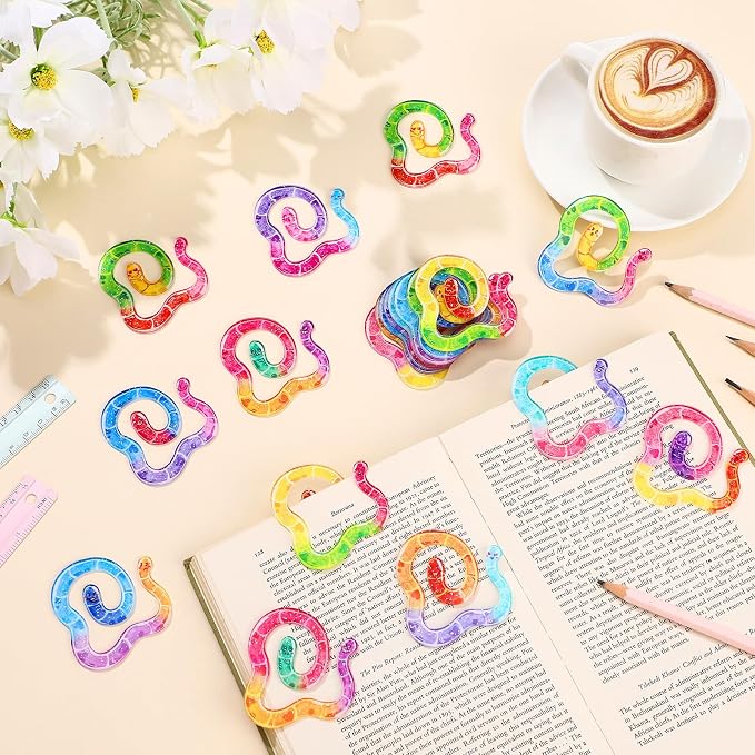Resurhang 20 Pcs Worm Acrylic Bookmark 10 Design Cute Paperclip Glitter Gummy Worm Funny Bookmark Gift Idea for Reading Book Lover Teacher Student School Classroom Office Library Read Supply (Classic)