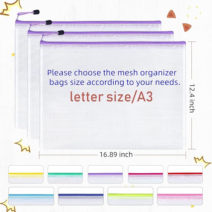 A3 Mesh Zipper Pouch Bags, 18pcs 9 Colors Zip Pouches, Zipper Pouch with Sticky Labels, Zipper Pouches for Classroom, Plastic Zipper Pouches