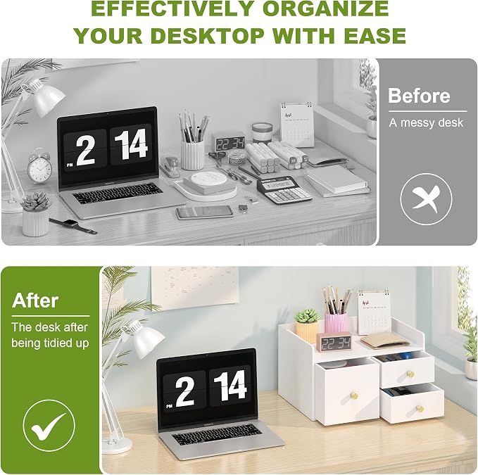 Bamboo Desk Organizer with Drawers Wooden Desktop Storage Drawers (1, White 3 Drawer)