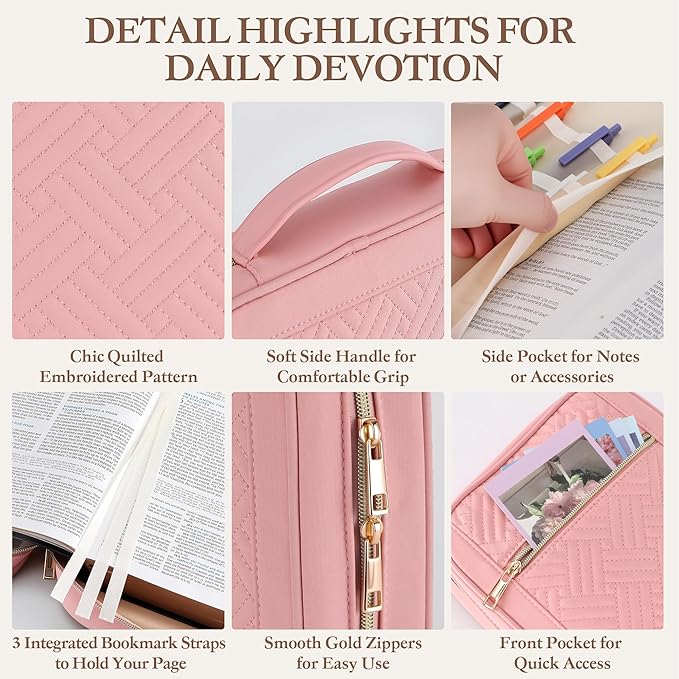 Durable and Protective Bible Cover Case for Women,Portable Bible Carrier Organizer Bag with Zipper,Christian Gift for Women,Includes 15 Magnetic Bookmarks,Great for Church,Travel or Daily Use, Pink