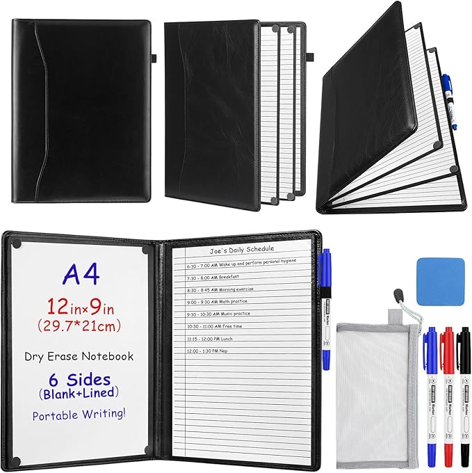 Feifeiya 6 Sides Dry Erase Notebook Portable Whiteboards Notebook Small Reusable College Ruled Lined Board Folding Mini Travel Dry Erase White Board for Office Study(Black,A4: 9 x 12 Inches)