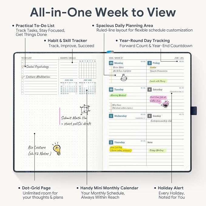 Weekly Planner 2026-2027 A5 (6.5" x 8.5") 12 Months (Jul'26 - Jun'27) Weekly & Monthly Planner with Month Tabs & Inner Pocket, Expenses/Note Pages, PU Leather Blue