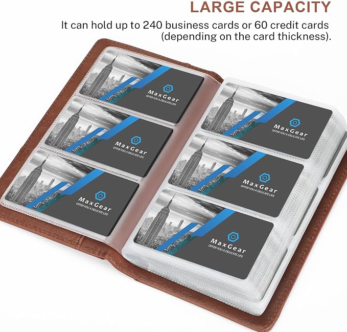 MaxGear Business Card Organizer Book, Holds 240 Cards, Portable PU Leather Business Card Holder with Clear Sleeves, Professional Card Binder for Office, Meetings, Networking, Coffee
