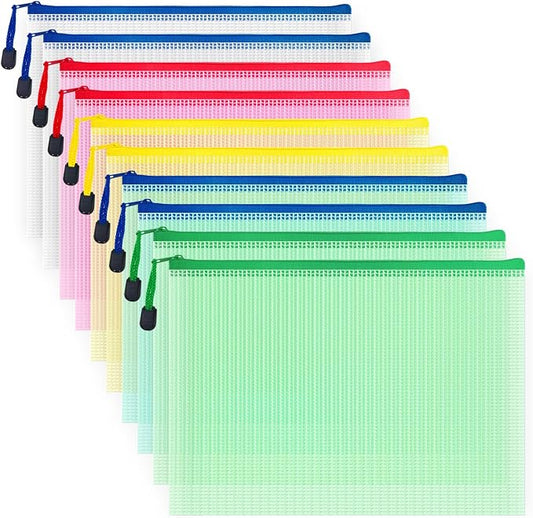 10 Pcs Zipper File Bags, Waterproof Plastic Mesh Pouch for Office School, Board Game Storage Bags (B5 Size 11.4''x8.2'', Multicolored)