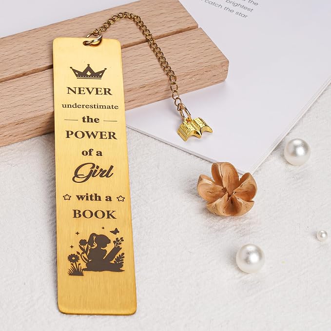 Inspirational Bookmark Gifts for Girls Women - Never Underestimate The Power of a Girl with a Book, Gift for Book Lovers Teachers Friends Readers Students Graduation Birthday Christmas (Gold)