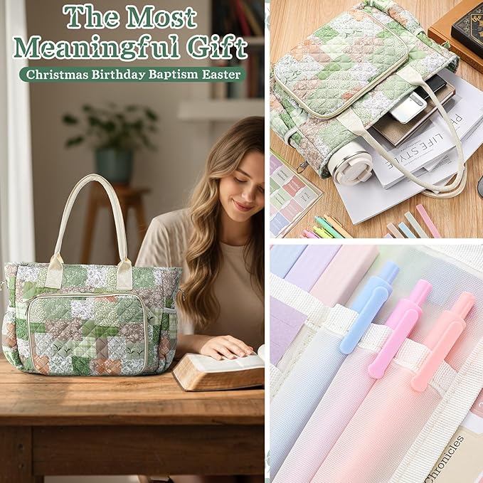 Large Bible Bag Quilted Bible Cover Case Kit for Women Church Bag with Shoulder Strap Study Supplies Christian Gifts(Splicing Floral)