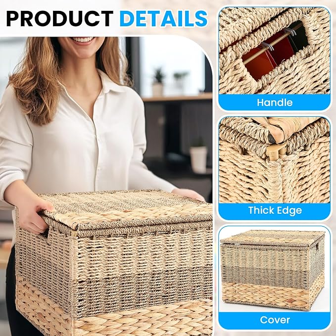 2pcs Large Decorative File Box 18 x 15 x 14 in Seagrass Hanging Organizer for Letter & Legal Size File Basket Hand Woven Filing Cabinet with Lid Collapsible Box for Home Office Decor, Water Hyacinth