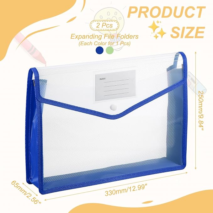 PATIKIL Plastic Expanding File Folders, 2 Pack A4 File Folder Envelopes Letter Size Document Organizer Supplies with Snap Closure for Classroom Office, Blue/Green, Horizontal
