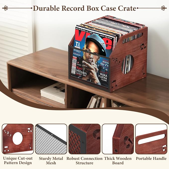 Vinyl Record Storage Crate with Handle, Wood and Metal Mesh Record Holder Holds 60 LPs, Easy Assembly Vinyl Storage Box for Home Office Record Store